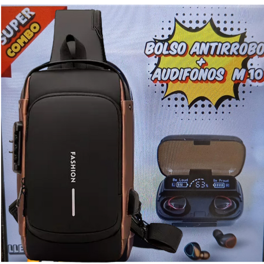 Combo bolso antirrobo + audífonos m10